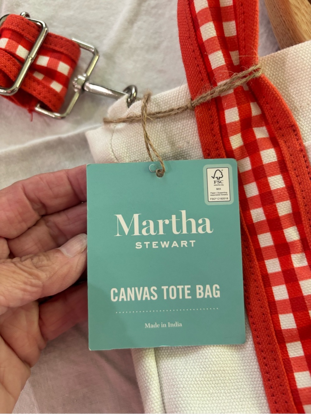 Martha Stewart Red Gingham Canvas Tote Bag with White